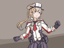 Rule 34 | 1girl, black gloves, black legwear, black skirt, blonde hair, capelet, commentary, cowboy shot, english commentary, flat chest, gloves, graf zeppelin (kancolle), grey background, grey eyes, hair between eyes, hat, kantai collection, looking to the side, military, military uniform, multicolored background, necktie, one-hour drawing challenge, peaked cap, pleated skirt, sidelocks, sixten, skirt, solo, tsurime, twintails, uniform, white hat