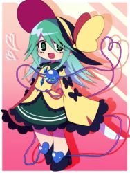 Rule 34 | 1girl, :d, alternate hair length, alternate hairstyle, bad id, bad twitter id, black footwear, black hat, bow, chibi, drop shadow, eyeball, frilled shirt collar, frilled skirt, frilled sleeves, frills, full body, green eyes, green hair, green skirt, hat, hat bow, heart, heart of string, holding, holding knife, knife, long hair, long sleeves, matching hair/eyes, open mouth, panty &amp; stocking with garterbelt, parody, shirt, shoes, skirt, sleeves past wrists, smile, solo, style parody, third eye, touhou, wide sleeves, yellow bow, yellow shirt, you (noanoamoemoe)