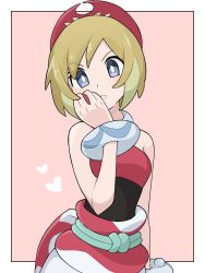 Rule 34 | 1girl, blonde hair, border, bracelet, bright pupils, commentary request, creatures (company), game freak, grey eyes, hairband, hand up, head tilt, heart, highres, holding, holding poke ball, irida (pokemon), jewelry, koniko (525lj), looking at viewer, neck ring, nintendo, parted lips, pink background, poke ball, pokemon, pokemon legends: arceus, red hairband, red shirt, sash, shirt, short hair, shorts, solo, strapless, strapless shirt, white border, white pupils, white shorts