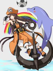 Rule 34 | 1girl, alternate costume, anchor, ankle boots, armpits, ball, belt buckle, blunt bangs, boots, brown eyes, brown hair, buckle, chitose (soccer spirits), coattails, cosplay, dolphin, fingerless gloves, flat chest, gloves, guilty gear, hair ornament, hairclip, hat, highres, huge weapon, long hair, may (guilty gear), may (guilty gear) (cosplay), orange hat, pants, pants rolled up, pirate hat, sailor collar, salute, serin199, skull and crossbones, soccer ball, soccer spirits, solo, weapon