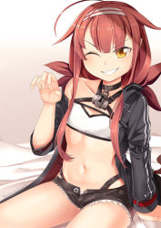 Rule 34 | 1girl, ahoge, black coat, black shorts, closers, coat, collarbone, cosplay, flat chest, gradient background, grin, hair flaps, hair ribbon, hairband, highres, kantai collection, kawakaze (kancolle), lock, long hair, long sleeves, midriff, navel, one eye closed, open clothes, open coat, open fly, padlock, panties, red hair, red ribbon, ribbon, seth (closers), seth (closers) (cosplay), short shorts, shorts, sitting, smile, solo, stomach, teeth, twitter username, unbuttoned, underwear, white panties, yasume yukito, yellow eyes