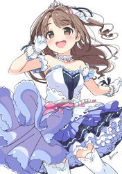 Rule 34 | 1girl, bare shoulders, blush, bracelet, breasts, brown eyes, brown hair, character name, choker, clenched hands, collarbone, cowboy shot, detached sleeves, dot nose, dress, frilled dress, frills, gloves, hair ornament, hand up, idolmaster, idolmaster cinderella girls, idolmaster cinderella girls starlight stage, jewelry, kuresuku (lessons), layered dress, long hair, looking up, medium breasts, necklace, one side up, open mouth, outstretched arm, pearl bracelet, pearl necklace, shimamura uzuki, simple background, smile, solo, standing, starry sky bright (idolmaster), strapless, strapless dress, teeth, thighhighs, tiara, upper teeth only, white background, white choker, white dress, white gloves, white sleeves, white thighhighs