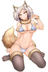 Rule 34 | 1girl, :3, animal ears, arm support, bad id, bad pixiv id, bikini, blush, breasts, cleavage, covered erect nipples, facial mark, fang, fingernails, fox ears, fox tail, full body, fur, fur-trimmed legwear, fur collar, fur trim, groin, head tilt, highres, large breasts, long fingernails, looking to the side, nail polish, navel, oni-noboru, original, silver hair, simple background, sitting, solo, strap gap, swimsuit, tail, thighhighs, tsurime, wariza, whisker markings, white background, wristband, yellow eyes