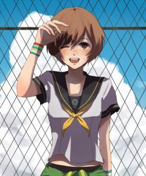 Rule 34 | 1girl, atlus, bad id, bad pixiv id, blush, brown eyes, brown hair, chain-link fence, fence, habibu, one eye closed, open mouth, persona, persona 4, satonaka chie, school uniform, short hair, solo, wink, wristband