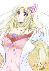 Rule 34 | 10s, 1girl, 2016, arm up, artist name, bare shoulders, blonde hair, blush, breasts, bug, butterfly, butterfly hair ornament, closed mouth, coat, collarbone, dated, dress, dual persona, eyebrows, eyelashes, fine (symphogear), hair ornament, highres, hime cut, insect, kiraki, lab coat, long hair, medium breasts, parted bangs, pink dress, pink lips, purple eyes, sakurai ryouko, senki zesshou symphogear, sidelocks, signature, simple background, sleeves rolled up, upper body, very long hair, white background, white coat