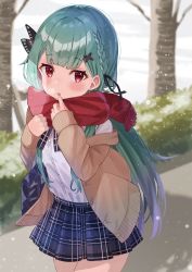 Rule 34 | 1girl, absurdres, adjusting scarf, bag, black ribbon, blue bow, blue skirt, blunt bangs, blurry, blurry background, bow, bowtie, braid, breath, butterfly hair ornament, cardigan, cowboy shot, earrings, enpera, green hair, hair ornament, hair ribbon, haru yu, highres, hololive, jewelry, long hair, looking at viewer, off shoulder, open cardigan, open clothes, open mouth, outdoors, plaid, plaid bow, plaid skirt, pleated skirt, red eyes, red scarf, ribbon, scarf, school bag, school uniform, shirt, skirt, snow, snowing, solo, tree, uruha rushia, uruha rushia (school uniform), virtual youtuber, white shirt, winter