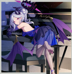 Rule 34 | 1girl, absurdres, blue archive, demon wings, feet, highres, hina (blue archive), hina (dress) (blue archive), instrument, long hair, looking at viewer, luai, pantyhose, piano, ponytail, purple eyes, soles, toes, white hair, wings