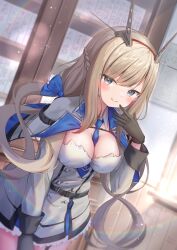 Rule 34 | 1girl, between breasts, black gloves, blonde hair, blue bow, blue eyes, bow, braid, breasts, capelet, dress, dutch angle, french braid, gloves, grey capelet, grey dress, hair bow, headgear, highres, kantai collection, large breasts, long hair, low twintails, maryland (kancolle), nazono neko, necktie, necktie between breasts, solo, strapless, strapless dress, twintails, two-tone dress, window