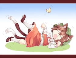 Rule 34 | 1girl, akagashi hagane, animal ears, animal hands, bow, brown hair, bug, butterfly, cat ears, cat tail, chen, closed eyes, earrings, hat, insect, jewelry, kneehighs, long sleeves, lying, mary janes, mob cap, multiple tails, nekomata, on side, open mouth, shirt, shoes, short hair, skirt, skirt set, smile, socks, solo, tail, touhou, vest, white socks