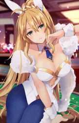Rule 34 | 1girl, ahoge, animal ears, artoria pendragon (all), artoria pendragon (fate), artoria pendragon (swimsuit ruler) (fate), bare shoulders, blonde hair, blue necktie, blue pantyhose, blush, braid, breasts, casino card table, cleavage, clothing cutout, detached collar, fake animal ears, fate/grand order, fate (series), feather boa, fishnet pantyhose, fishnets, french braid, green eyes, hair between eyes, highleg, highleg leotard, highres, k-rumi, large breasts, leotard, long hair, looking at viewer, navel cutout, necktie, pantyhose, playboy bunny, ponytail, rabbit ears, sidelocks, sitting, smile, solo, table, thighs, tiara, white leotard, wrist cuffs