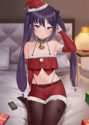 Rule 34 | 1girl, absurdres, bed, bedroom, bell, belt, black choker, bow, bowtie, box, brown belt, brown pantyhose, choker, christmas, closed mouth, condom box, crop top, elbow gloves, flat chest, genshin impact, gift, gift box, gloves, green bow, green bowtie, green eyes, hand in own hair, hat, highres, indoors, jingle bell, kemile, lamp, long hair, looking at viewer, midriff, miniskirt, mona (genshin impact), navel, neck bell, nightstand, no shoes, on bed, pantyhose, pillow, pom pom (clothes), purple hair, red skirt, santa costume, santa hat, skirt, solo, spaghetti strap, sparkle print, stomach, thighs, twintails