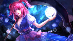 Rule 34 | 1girl, bad id, bad pixiv id, breasts, cleavage, energy ball, female focus, glowing, hair bobbles, hair ornament, iromi (a1vlmeta), japanese clothes, onozuka komachi, open mouth, red eyes, red hair, scythe, smile, solo, touhou