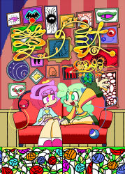 Rule 34 | 2girls, :d, blouse, blue eyes, blue shirt, blush, book, bright pupils, buttons, closed mouth, commentary, couch, cover, cover page, diamond button, frilled shirt collar, frilled sleeves, frills, green eyes, green footwear, green hair, green skirt, hair ornament, hairband, heart, heart-shaped pupils, heart button, heart hair ornament, heart of string, highres, holding hands, komeiji koishi, komeiji satori, kuchibashi (9180), long hair, long sleeves, looking at another, multiple girls, no headwear, no headwear, on couch, open book, open mouth, painting (object), pink eyes, pink footwear, pink hair, pink skirt, purple hairband, red eyes, ribbon trim, shirt, shoes, short hair, siblings, sisters, sitting, skirt, smile, symbol-shaped pupils, teeth, third eye, tongue, toon (style), touhou, translated, upper teeth only, white pupils, wide sleeves, yellow shirt