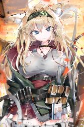 Rule 34 | 1girl, absurdres, animal ears, aqua eyes, arknights, arms at sides, belt, black belt, black choker, black hairband, blonde hair, choker, evening, green jacket, grey shirt, hair between eyes, hairband, highres, horn (arknights), id card, jacket, jewelry, long hair, long sleeves, looking at viewer, necklace, open clothes, open jacket, pouch, red skirt, shirt, skirt, sleeveless, sleeveless shirt, solo, standing, tekona0, thighhighs, upper body, wolf ears