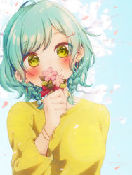Rule 34 | 1girl, ahoge, aqua hair, artist name, bang dream!, blurry, blurry background, blush, bracelet, braid, cherry blossoms, closed mouth, commentary request, covered mouth, day, earrings, falling petals, flower, green eyes, hair bobbles, hair ornament, hairclip, hand up, head tilt, highres, hikawa hina, holding, holding flower, jewelry, light particles, long sleeves, looking at viewer, medium hair, outdoors, petals, pink flower, ruppi ko, shirt, side braids, signature, smile, solo, swept bangs, twin braids, upper body, yellow shirt