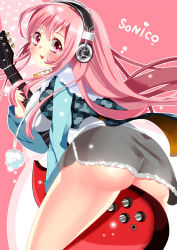 Rule 34 | 1girl, blush, breasts, electric guitar, fujishiro kokoa, guitar, headphones, instrument, large breasts, long hair, looking at viewer, miniskirt, nitroplus, open mouth, pink eyes, pink hair, pom pom (clothes), skirt, smile, solo, super sonico