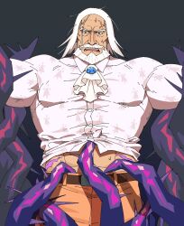 Rule 34 | 1boy, anger vein, ascot, bara, beard, belt, black background, blue eyes, brooch, dark-skinned male, dark skin, facial hair, highres, jewelry, jp (street fighter), large pectorals, long hair, male focus, mature male, muscular, muscular male, mustache, old, old man, open mouth, pants, pectorals, print shirt, restrained, sa1k0p, shirt, solo, street fighter, street fighter 6, sweatdrop, tentacles, tentacles on male, tentacles under clothes, thick eyebrows, thick mustache, white hair