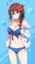 Rule 34 | 10s, 1girl, ahoge, alternate breast size, alternate costume, bare shoulders, bikini, blue background, blue bikini, blue bow, blue eyes, blush, bow, braid, breasts, brown hair, cleavage, closed mouth, collarbone, commentary request, cowboy shot, flower, front-tie bikini top, front-tie top, grey jacket, hair bow, hair flaps, hair flower, hair ornament, hair over shoulder, hibiscus, highres, jacket, kantai collection, large breasts, long hair, looking at viewer, low-tied long hair, nanairo fuuka, navel, open clothes, open jacket, open mouth, red bow, shigure (kancolle), shigure kai ni (kancolle), shiny skin, single braid, smile, solo, standing, stomach, strapless, strapless bikini, swimsuit, tareme, thighs, undressing, unzipped, zipper