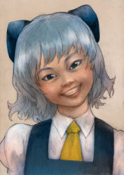 Rule 34 | 1girl, bad id, bad pixiv id, blue hair, bow, cirno, creepy, embodiment of scarlet devil, grin, hair bow, head tilt, horror (theme), o den, portrait, realistic, smile, solo, touhou, uncanny valley