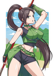 Rule 34 | 1girl, arm up, bare shoulders, bike shorts, black gloves, black hair, blue sky, breasts, choker, cloud, cowboy shot, day, dragon quest, dragon quest xi, fingerless gloves, gloves, green choker, halterneck, high ponytail, highres, holding, holding weapon, large breasts, legs apart, long hair, martina (dq11), naginata, navel, o-ring, o-ring top, open mouth, outdoors, overskirt, polearm, ponytail, purple eyes, shimure (460), sky, solo, v-shaped eyebrows, very long hair, weapon