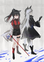 Rule 34 | 2girls, absurdres, animal ear fluff, animal ears, arknights, black footwear, black gloves, black hair, black jacket, black shorts, boots, breasts, brown eyes, chihuri, closed mouth, collared shirt, commentary request, fur-trimmed jacket, fur trim, gloves, grey eyes, grey hair, grin, hair between eyes, high heel boots, high heels, highres, holding, jacket, lappland (arknights), long hair, long sleeves, multicolored hair, multiple girls, off shoulder, official alternate costume, open clothes, open jacket, ponytail, red gloves, red hair, red legwear, red shirt, sharp teeth, shirt, short shorts, shorts, small breasts, smile, socks, standing, striped clothes, striped shorts, tail, teeth, texas (arknights), two-tone hair, vertical-striped clothes, vertical-striped shorts, very long hair, white jacket, wide sleeves