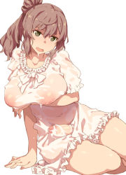 Rule 34 | 1girl, arm support, breasts, bulge, censored, cevio, commentary request, covered navel, cum, dress, erection, erection under clothes, futanari, green eyes, inverted nipples, large breasts, mosaic censoring, nipples, open mouth, penis, puffy short sleeves, puffy sleeves, satou sasara, see-through, short hair, short sleeves, simple background, sitting, solo, takemura sessyu, thighs, wet, wet clothes, white background, white dress