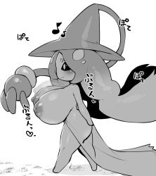 Rule 34 | 1girl, afterimage, blush, bouncing breasts, breasts, closed mouth, creatures (company), female focus, from side, full body, game freak, gen 8 pokemon, grass, greyscale, happy, hat, hatterene, heart, highres, huge breasts, japanese text, katuu, long hair, monochrome, musical note, nintendo, nipples, no humans, outdoors, pokemon, pokemon (creature), prehensile hair, profile, shiny skin, shortstack, sideways mouth, simple background, smile, solo, translation request, very long hair, walking, white background, witch hat
