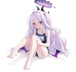 Rule 34 | 1girl, ahoge, barefoot, blue archive, blush, closed mouth, collarbone, demon girl, demon horns, demon wings, eyelashes, feet, flat chest, forehead, full body, halo, highres, hina (blue archive), hina (swimsuit) (blue archive), horns, knees together feet apart, knees up, legs, light purple hair, long hair, looking at viewer, low wings, multiple horns, name tag, official alternate costume, on ground, one-piece swimsuit, parted bangs, purple eyes, school swimsuit, shenqi xiao hong zai nali, sitting, solo, swimsuit, thighs, toes, very long hair, wet, whistle, whistle around neck, wings