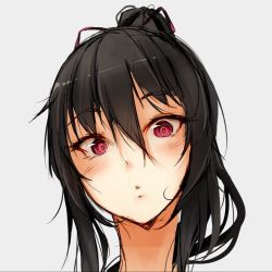 1girl :o black_hair blush commentary_request copyright_request female_focus grey_background hair_between_eyes hair_ribbon light_blush long_hair looking_at_viewer noccu parted_lips ponytail portrait red_eyes red_ribbon ribbon simple_background solo