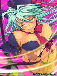 Rule 34 | 1girl, bare shoulders, blue hair, blush, breasts, cleavage, eroe, fishnet thighhighs, fishnets, garter straps, gloves, hat, junketsu duelion, large breasts, long hair, original, ribbon, smile, solo, staff, thighhighs, torn clothes, yellow eyes