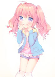 Rule 34 | 1girl, ahoge, blue hoodie, blue shorts, blush, clenched teeth, collarbone, commentary request, drawstring, finger in own mouth, frilled shirt, frills, grimace, halftone, hood, hood down, hoodie, knees together feet apart, long hair, long sleeves, looking at viewer, original, over-kneehighs, parted lips, pink hair, pink shirt, pocket, purple eyes, shirt, short shorts, shorts, sidelocks, simple background, sleeves past wrists, solo, tareme, teeth, thighhighs, twintails, usashiro mani, white background, white thighhighs