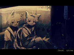 Rule 34 | 2boys, black eyes, bus stop, dark background, dated, facial mark, fangs, furry, furry male, furry with furry, highres, itooku, looking at another, looking to the side, multiple boys, on bench, original, sad, school uniform, sitting, talking, watermark, white fur
