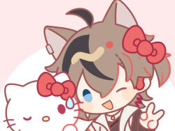 1boy 1girl ;d animal_ears arknights black_hair blue_eyes bow brown_background brown_hair chibi crossover earclip flot hair_between_eyes hair_bow hello_kitty hello_kitty_(character) jacket multicolored_hair one_eye_closed open_mouth red_bow sanrio smile solid_oval_eyes stainless_(arknights) streaked_hair sweatdrop two-tone_background v white_background white_jacket