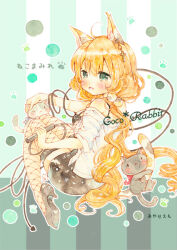 Rule 34 | 1girl, :&lt;, ahoge, animal ear fluff, animal ears, blonde hair, cat, cat ears, cat girl, cat tail, emo (mikan), green eyes, high heels, holding, holding whip, long hair, original, painting (medium), solo, striped background, tail, traditional media, twintails, watercolor (medium)