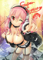 Rule 34 | 1girl, ;), absurdres, belt, blush, breasts, cleavage, garter straps, headphones, highres, index finger raised, large breasts, long hair, looking at viewer, navel, nitroplus, one eye closed, pink hair, pointing, red eyes, shorts, silveroid, smile, solo, super sonico, thighhighs, wink