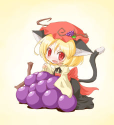Rule 34 | 1girl, aki minoriko, animal ears, arinu, blush, cat ears, cat girl, cat tail, fang, female focus, food, food-themed clothes, fruit, grapes, hat, highres, kemonomimi mode, long sleeves, open mouth, red eyes, short hair, solo, tail, touhou, wide sleeves