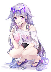 Rule 34 | 1girl, absurdres, bag, bendy straw, black shorts, clothes writing, collarbone, drinking straw, flip-flops, full body, grey hair, grin, highres, holding, holding bag, hololive, hololive english, koseki bijou, long hair, looking at viewer, nakatokung, off shoulder, plastic bag, purple eyes, purple footwear, purple hair, sandals, shirt, short shorts, short sleeves, shorts, simple background, slippers, smile, solo, squatting, very long hair, virtual youtuber, white background, white shirt, wide sleeves