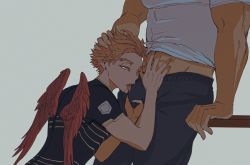 Rule 34 | 2boys, arm support, black pants, black shirt, boku no hero academia, bulge, commentary request, feathered wings, from side, glowing, glowing eyes, grey background, half-closed eyes, hand on another&#039;s head, hands up, hawks (boku no hero academia), head out of frame, licking, looking at viewer, male focus, midriff peek, multiple boys, open mouth, orange hair, pants, red wings, shirt, short hair, short sleeves, simple background, solo focus, spiked hair, table, endeavor (boku no hero academia), tongue, tongue out, upper body, viol vrt, wings, yaoi, yellow eyes