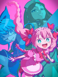 3girls aokigahara_kirari blue_eyes bow braid dated dress earrings footwear_bow gloves hair_bow half-closed_eye hat highres jewelry kinmonbashi_manten magical_girl multiple_girls niyagara_akane noose nurse_cap open_mouth pink_background pink_hair saikayo_(uyfs3782) simple_background smile suicide_girl twin_braids twintails