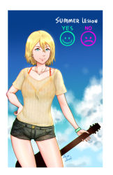 Rule 34 | 1girl, allison (summer lesson), artist name, blonde hair, blue eyes, bracelet, character request, cloud, day, english text, guitar, hair between eyes, hand on own hip, highres, instrument, jazz jack, jewelry, necklace, see-through, short shorts, shorts, sky, smile, smiley face, solo, summer lesson