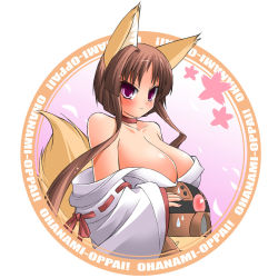 Rule 34 | acguy, animal ears, breasts, brown hair, fox ears, fox tail, huge breasts, japanese clothes, jun&#039;you maru, miko, original, purple eyes, robot, solo, tail, undressing