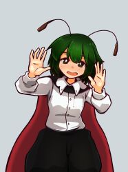 Rule 34 | 1girl, absurdres, antennae, black cape, black shorts, blush, breast pocket, breasts, bright pupils, buttons, cape, collared shirt, commentary request, cowboy shot, green eyes, green hair, grey background, highres, kide koushin, long sleeves, looking at viewer, open mouth, pocket, red cape, shirt, short hair, shorts, simple background, small breasts, solo, touhou, two-sided cape, two-sided fabric, white pupils, white shirt, wriggle nightbug