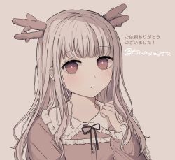 Rule 34 | 1girl, antlers, black ribbon, blush, brown background, brown dress, brown eyes, brown hair, closed mouth, collared dress, commentary request, dress, frilled shirt collar, frills, hand up, highres, horns, long hair, long sleeves, looking at viewer, original, puffy long sleeves, puffy sleeves, ribbon, simple background, sleeves past wrists, solo, translation request, tsuruse, twitter username, upper body