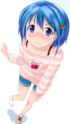 Rule 34 | 10s, 1girl, 3:, blue eyes, blue hair, blush, bra strap, casual, cherry, food, from above, fruit, hair ornament, hairclip, highres, mahou shoujo madoka magica, mahou shoujo madoka magica (anime), matching hair/eyes, miki sayaka, shoes, short hair, shorts, simple background, single shoe, solo, white background, x k o