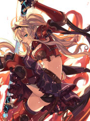 Rule 34 | 10s, 1girl, armor, armored boots, ass, belt, black panties, black thighhighs, blonde hair, blue eyes, boots, braid, breasts, cleavage, crop top, eredhen, frilled skirt, frills, from side, gauntlets, granblue fantasy, hair ornament, hairband, holding, holding weapon, leg up, light particles, long hair, looking at viewer, md5 mismatch, medium breasts, midriff, miniskirt, navel, panties, pantyshot, pauldrons, profile, red armor, shoulder armor, skirt, solo, sweat, thigh boots, thighhighs, twintails, underwear, upskirt, weapon, zeta (granblue fantasy)