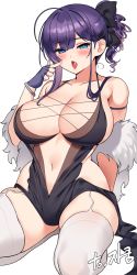 Rule 34 | 1girl, ahoge, bare shoulders, black bow, black dress, blue eyes, blush, bow, breasts, cleavage, collarbone, dress, feather boa, fingerless gloves, gloves, hair bow, highres, large breasts, long hair, looking at viewer, mole, mole under eye, navel, ndgd, open mouth, original, plunging neckline, ponytail, purple hair, sidelocks, sitting, thighhighs, thighs, tongue, tongue out, wariza, white thighhighs