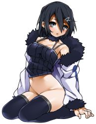 Rule 34 | 1girl, arm support, asagiri asagi, black eyes, black hair, blue thighhighs, bottomless, breasts, bright pupils, camisole, cleavage, closed mouth, crop top, disgaea, expressionless, full body, fur trim, hair between eyes, hair ornament, hairclip, highres, jacket, kochiya (gothope), large breasts, looking at viewer, navel, no panties, off shoulder, seiza, short hair, simple background, sitting, solo, thighhighs, white background