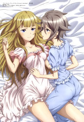 Rule 34 | 2girls, absurdres, ange (princess principal), ass, bed sheet, blonde hair, blue eyes, blunt bangs, brown hair, closed mouth, clothes lift, collarbone, feet out of frame, grey eyes, hair between eyes, highres, long hair, looking at another, lying, megami magazine, multiple girls, nightgown, official art, on back, open mouth, pajamas, pantylines, princess (princess principal), princess principal, puffy sleeves, scan, short hair, short sleeves, skirt, skirt lift, sleepwear, smile, thigh straddling, yuri