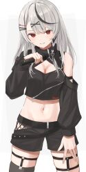 Rule 34 | 1girl, absurdres, bare shoulders, black hair, black shirt, black shorts, black thighhighs, blush, braid, breasts, cleavage, cleavage cutout, clothing cutout, grey hair, hair ornament, highres, holding, holding microphone, hololive, large breasts, looking at viewer, medium hair, microphone, midriff, multicolored hair, navel, norio (noriosub), red eyes, sakamata chloe, shirt, shorts, smile, solo, streaked hair, thigh strap, thighhighs, virtual youtuber, white background, x hair ornament