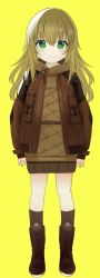 Rule 34 | 1girl, boots, brown footwear, brown hair, brown jacket, brown shirt, brown skirt, brown socks, closed mouth, commentary, cross-laced footwear, fang, fang out, fingernails, full body, green eyes, hair between eyes, highres, izuoku, jacket, kneehighs, lace-up boots, long hair, long sleeves, open clothes, open jacket, original, pleated skirt, shirt, simple background, skirt, sleeves past wrists, smile, socks, solo, standing, striped clothes, striped socks, vertical-striped clothes, vertical-striped socks, yellow background